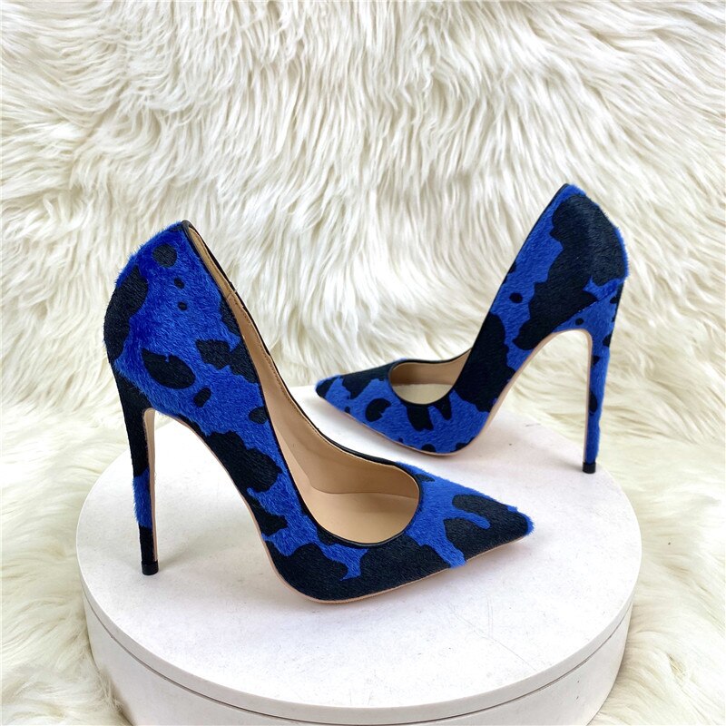 Tikicup Blue Cow Women Hairy Flock Pointy Toe High Heel Shoes Comfortable Elegant Ladies Formal Dress Slip On Stiletto Pumps