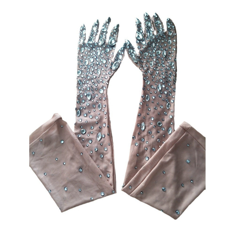 Crystal mesh gathering dance long gloves with sparkling rhinestones