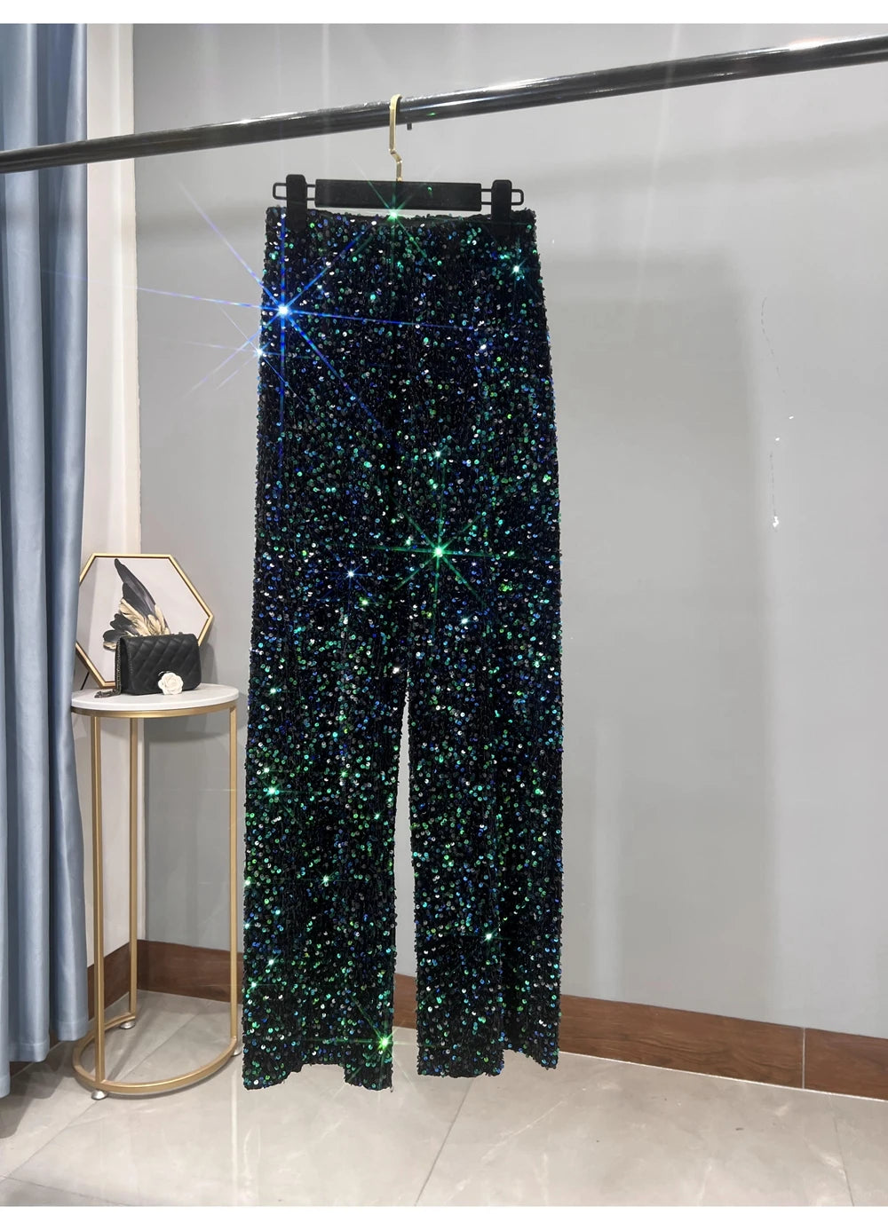 Velvet Sequined Leggings with Elongated Pendants Are Slim and Sparkly Casual Straight Leg Pants for Women