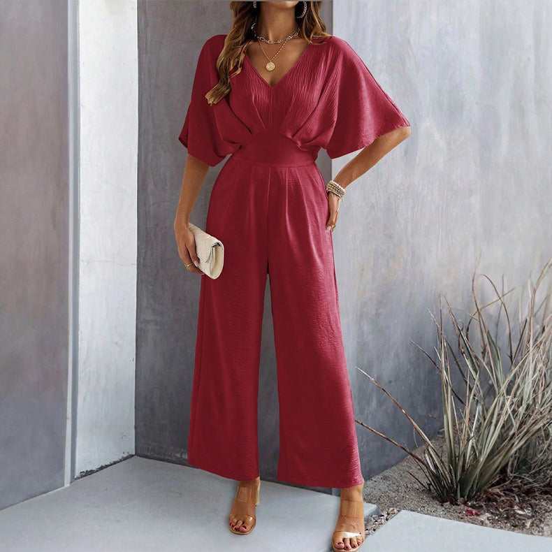 Spring and summer women's short sleeved solid color casual wide leg jumpsuit