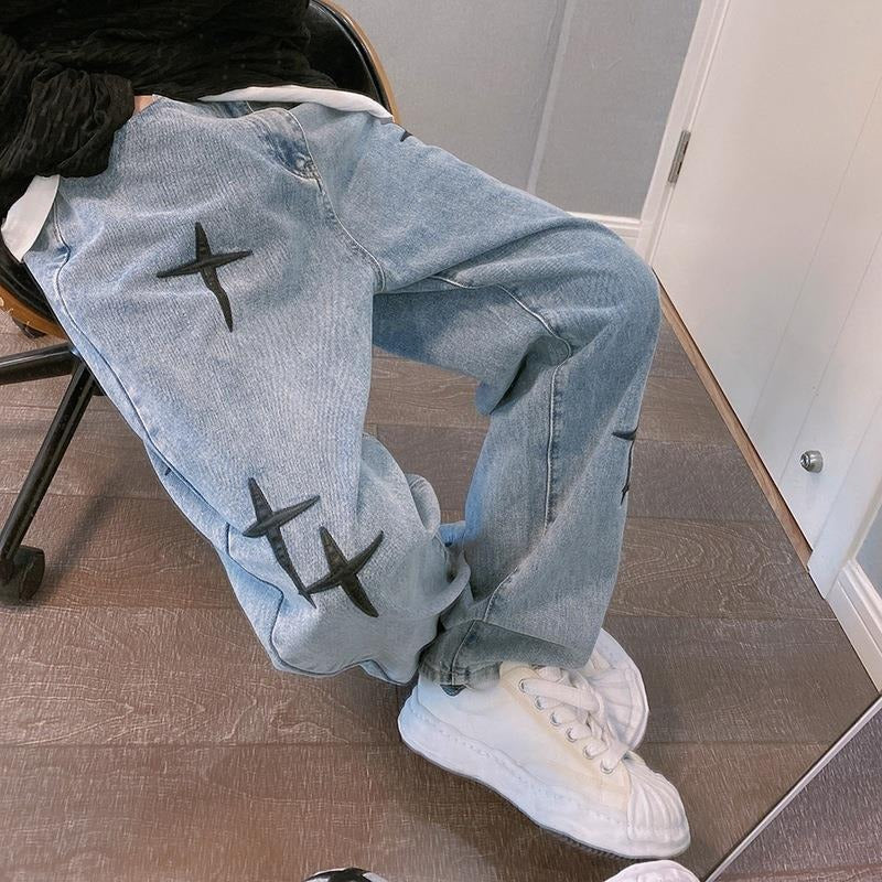 Vintage cross patch embroidered blue jeans China-Chic hip-hop high street loose straight trousers