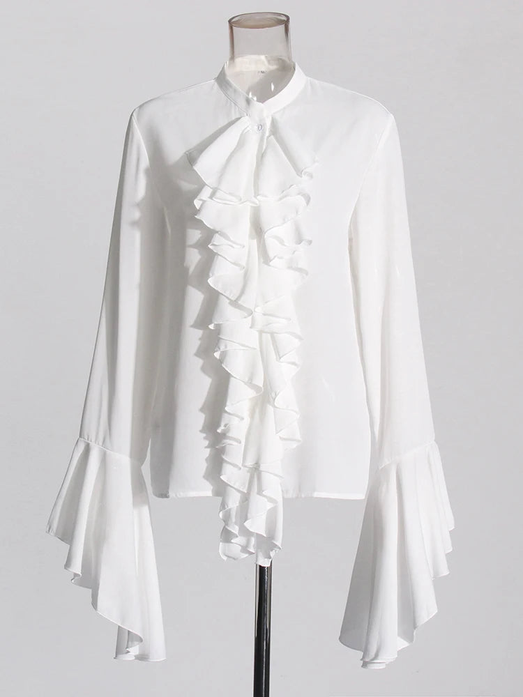 White chiffon round neck flared sleeve ruffled edge women's shirt