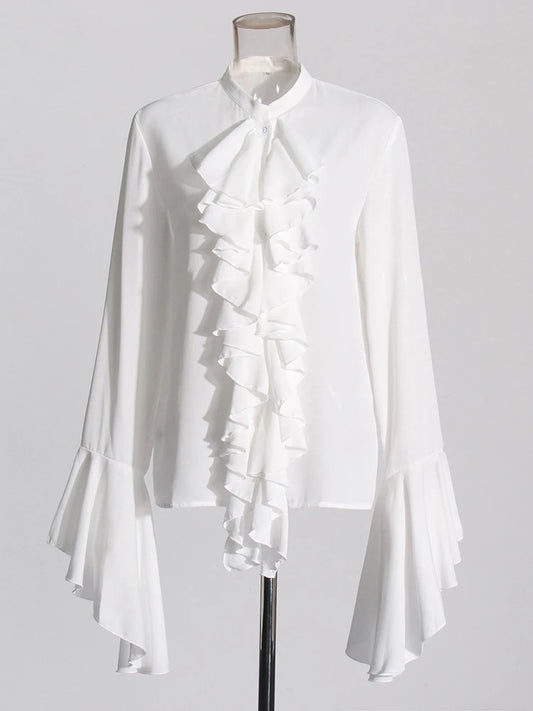 White chiffon round neck flared sleeve ruffled edge women's shirt