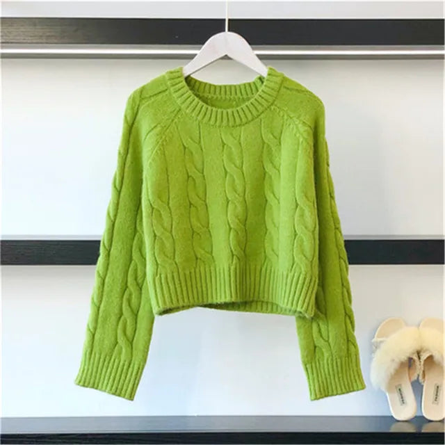 Autumn New Long Sleeve Short Knitwear Winter Women Jumper Green Korean Solid Casual Loose Warm Knitted Pullovers Women