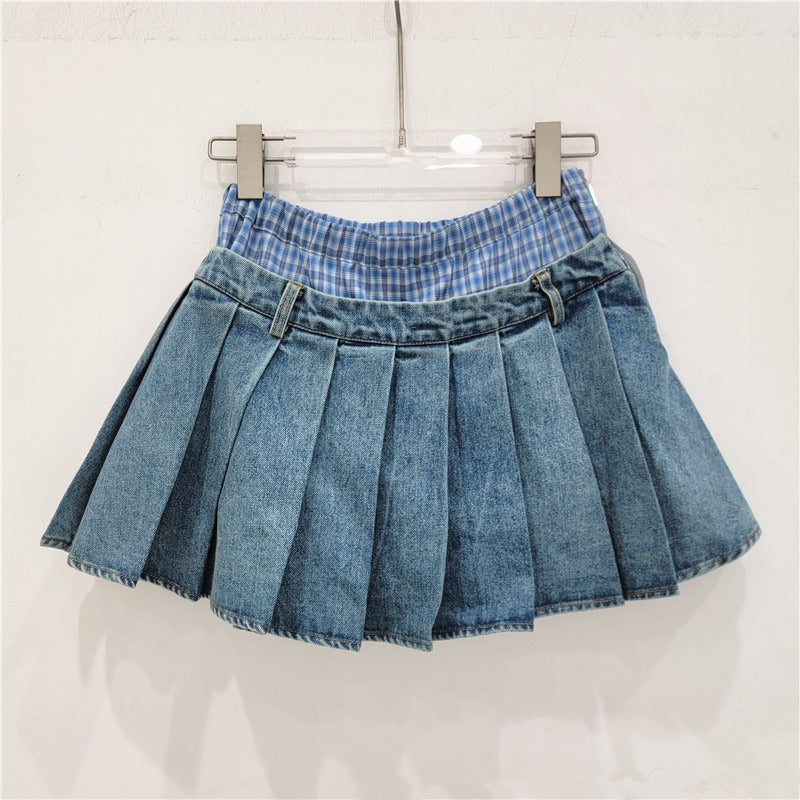 Design sense, contrasting color splicing, spicy girl denim pleated skirt, women's high waisted A-line short skirt