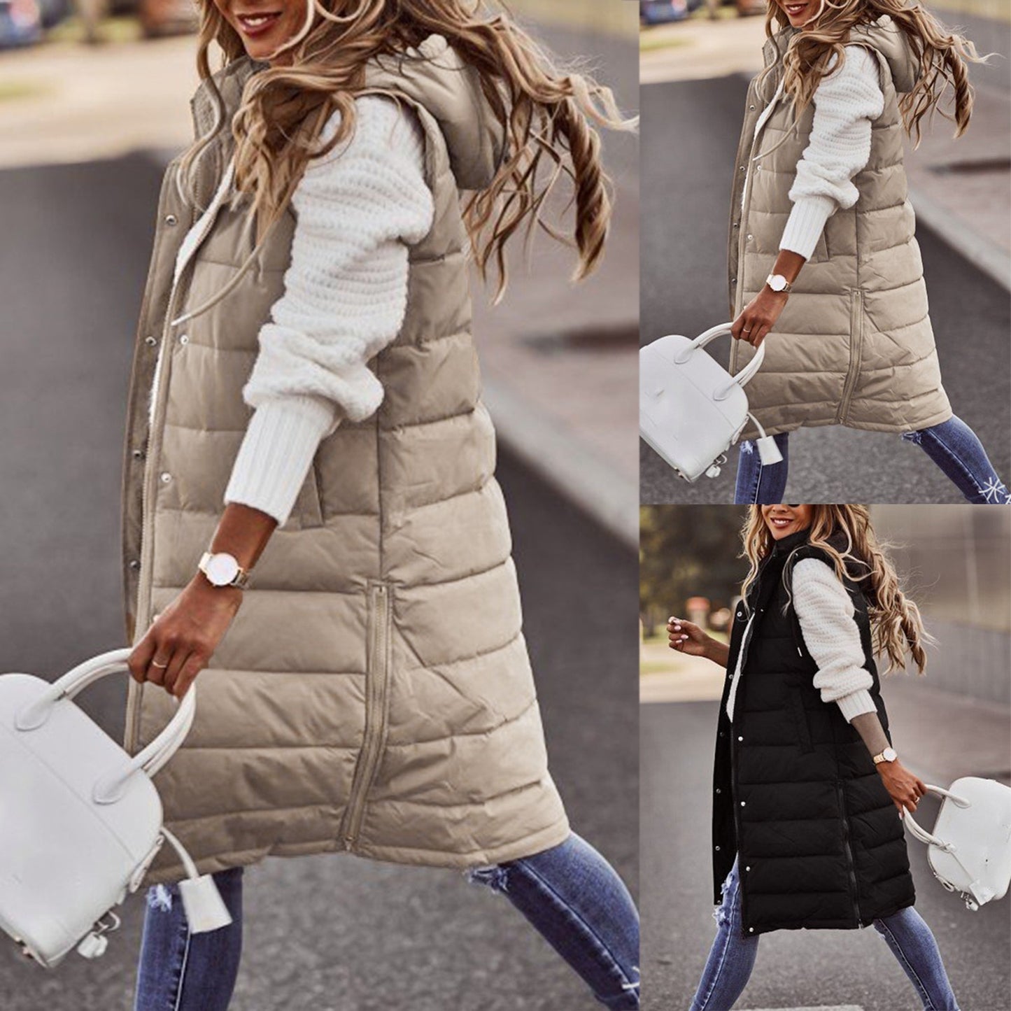 Solid color hooded single breasted mid length cotton jacket, vest, slim fit temperament, cardigan jacket top