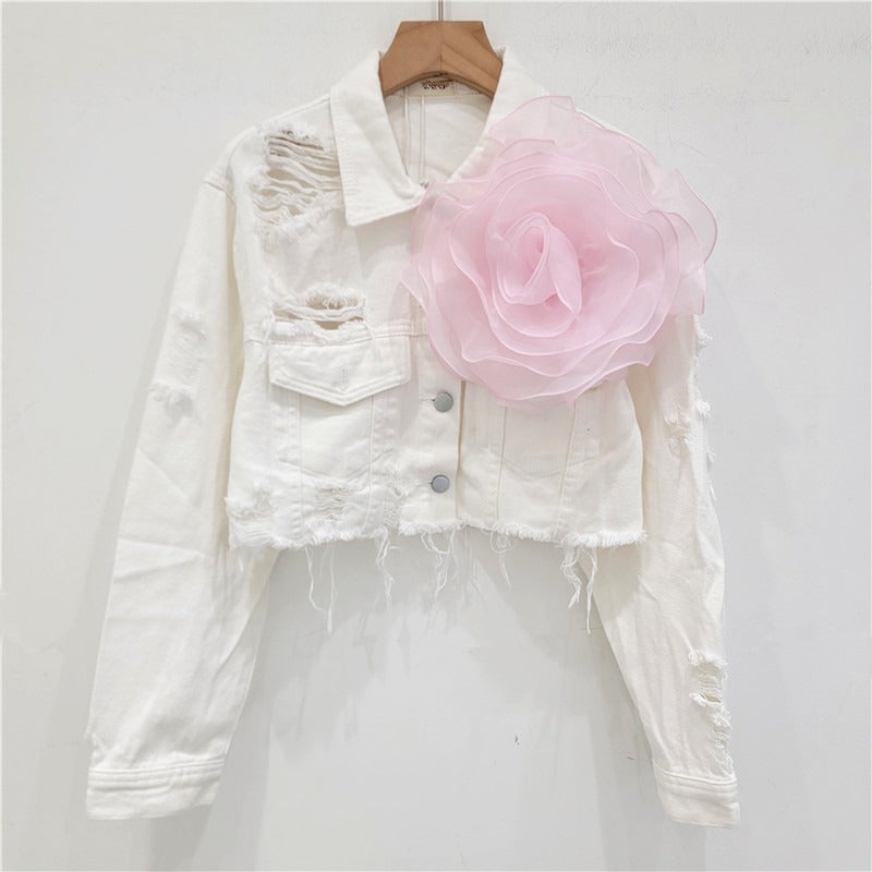 Three dimensional flower fashion tie dye pink personalized perforated pink stylish short denim jacket women's stylish jacket