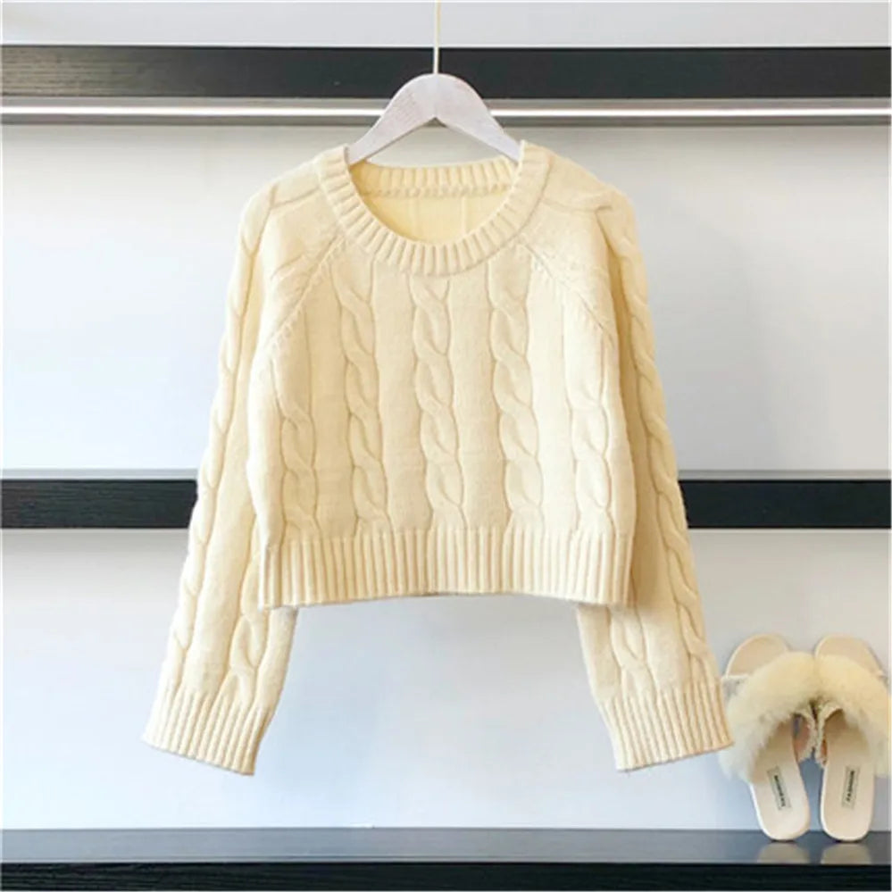 Autumn New Long Sleeve Short Knitwear Winter Women Jumper Green Korean Solid Casual Loose Warm Knitted Pullovers Women