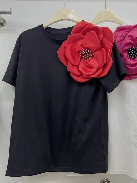 New Fashion Round Neck Short Sleeve Top 3D Flower Contrast Color Black White T-shirt For Women