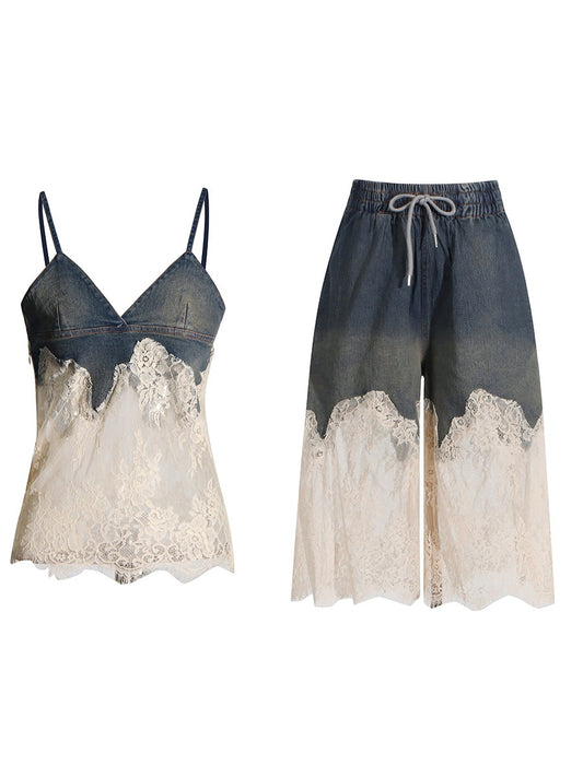 Lace patchwork camisole top+drawstring denim fashionable shorts for women