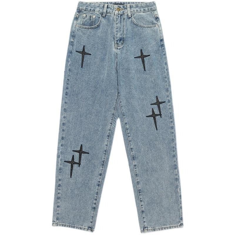 Vintage cross patch embroidered blue jeans China-Chic hip-hop high street loose straight trousers