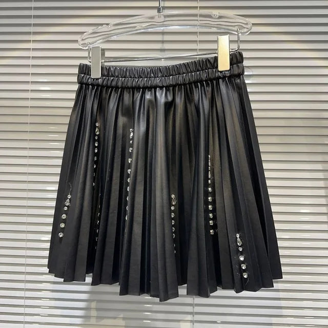 Streetwear Diamond Nail Bead PU Leather Mini Skirt For Women High Elastic Waist Pleated Skirts Autumn Female 11XX5841