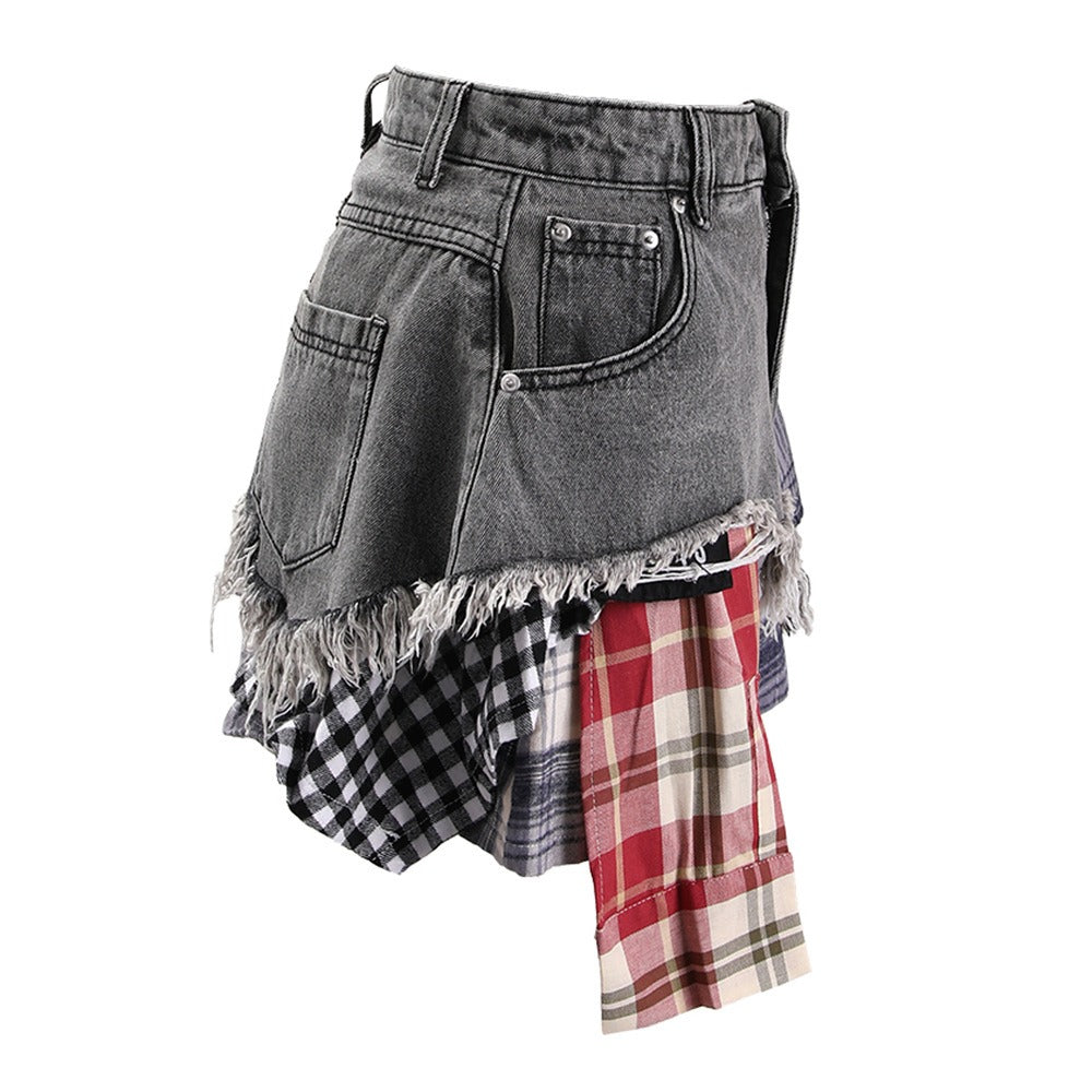 Denim skirt for women's summer new irregular plaid patchwork high waisted short skirt