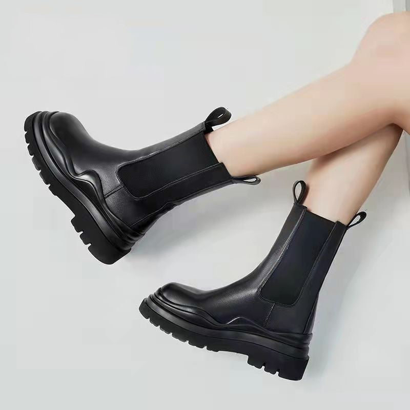 Women Chunky Heel Mid Calf Boots Luxury Brand Chelsea Boots Platform Biker Boots Street Leather Ladies Boots Botas