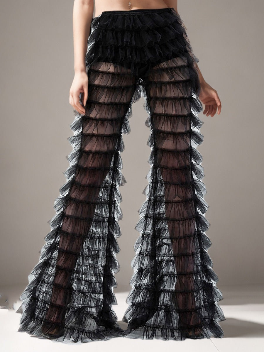 European and American style see-through trousers sexy high waist layered mesh splicing design flared