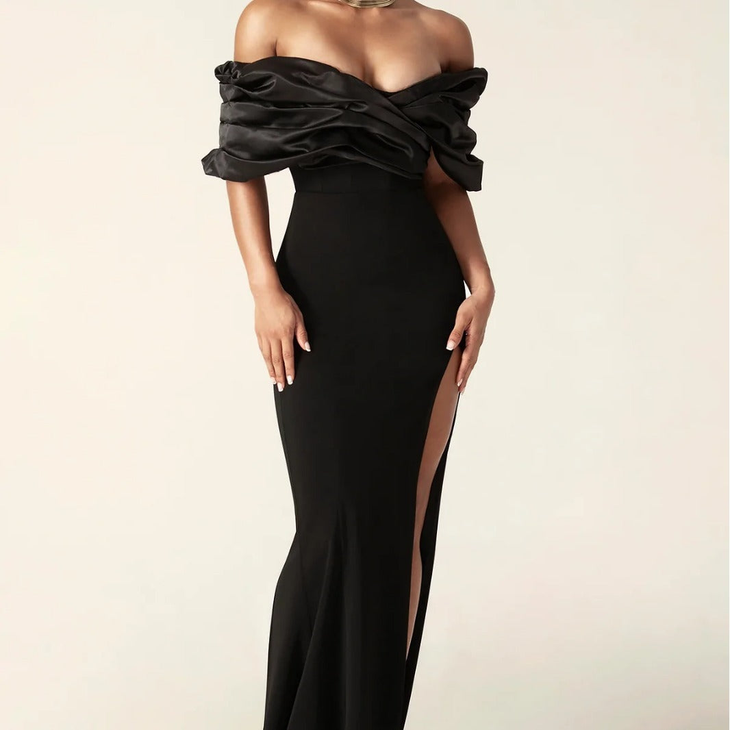 Black fashion pleated edge strapless dress for slimming, tight fitting, and floor length, with a hip hugging design