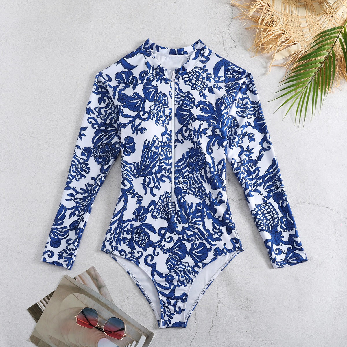 Blue printed sexy triangle one-piece swimsuit round neck racing zipper cross-border surfing suit