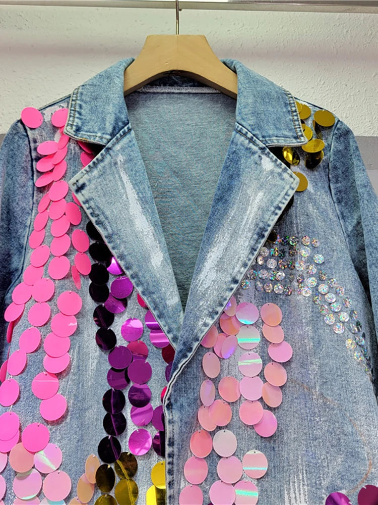 Heavy industry sequin embroidered denim jacket for women's mid length top