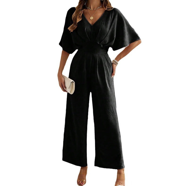 Spring and summer women's short sleeved solid color casual wide leg jumpsuit