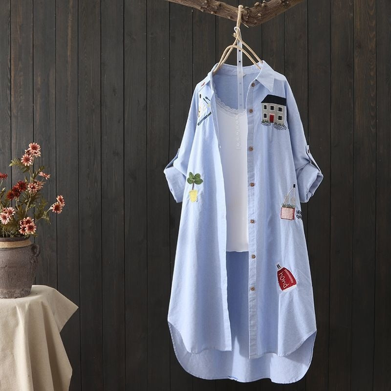 Cotton shirt women's loose medium length top women's embroidered shirt jacket