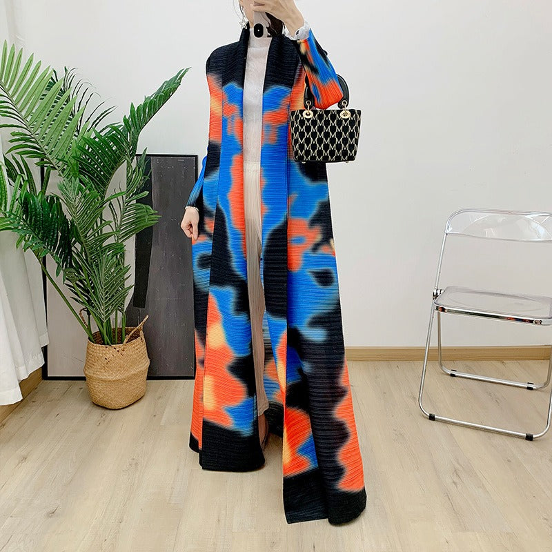 Pleated printed cardigan dress robe fashionable versatile coat loose retro mid-length skirt