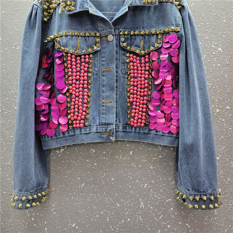 Heavy industry diamond studded sequined puff sleeve short denim jacket for women