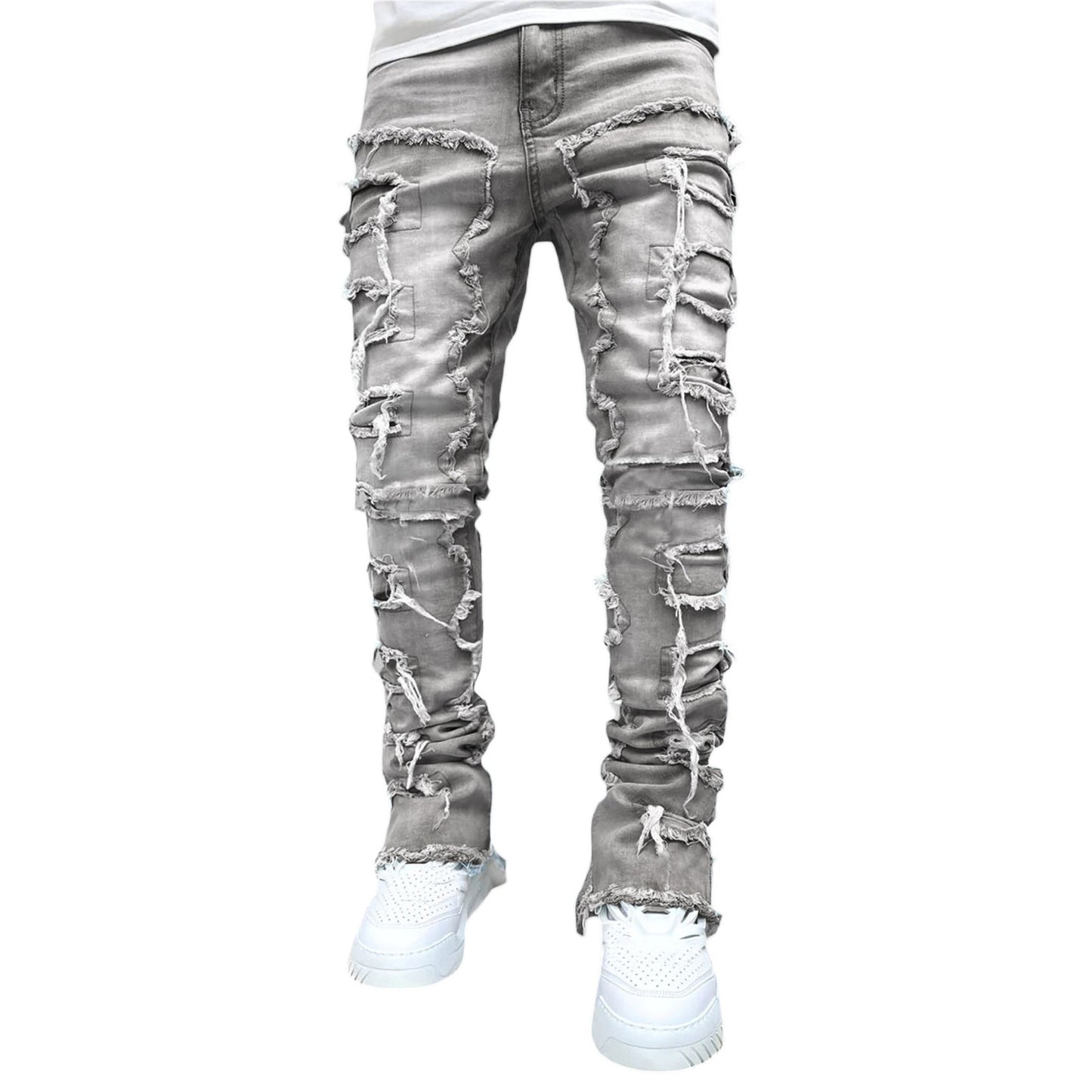 Men's denim straight leg pants with elastic patch fabric