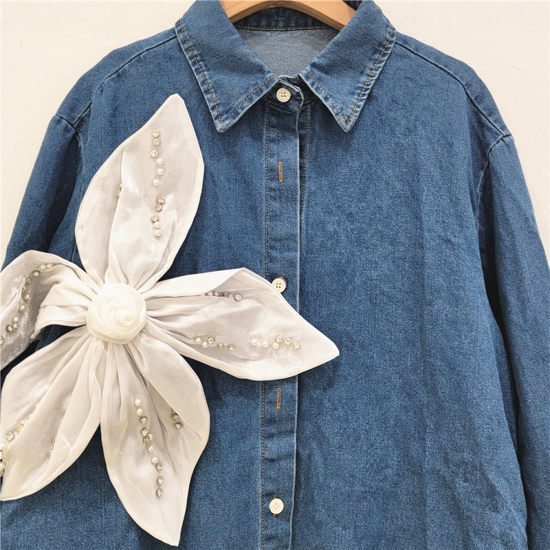 Heavy industry nail bead three-dimensional flower splicing denim shirt women's jacket shirt top