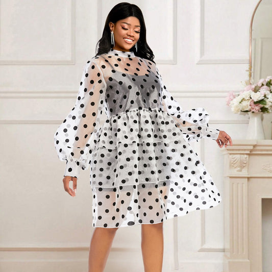 Sweet and spicy style perspective long sleeved hoodie with a layered waist cinching polka dot dress