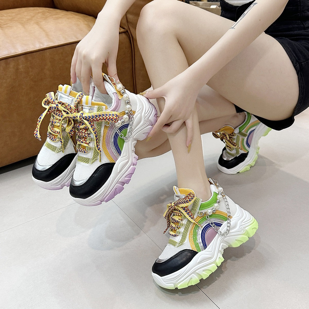 Lace Up Rainbow Colors Platform Pearls Chain Patchwork Fashion Girls Breathable Running Shoes