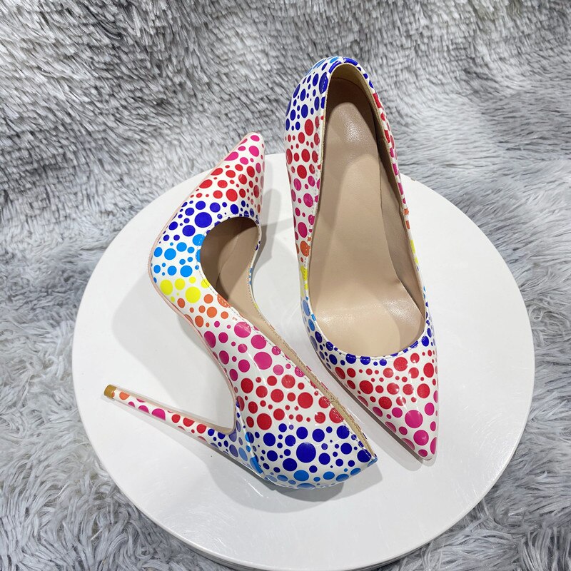 Tikicup Colorful Spotted Print Women Glossy Pointy Toe High Heel Shoes Comfortable Slip On Stiletto Pumps for Floral Dress、