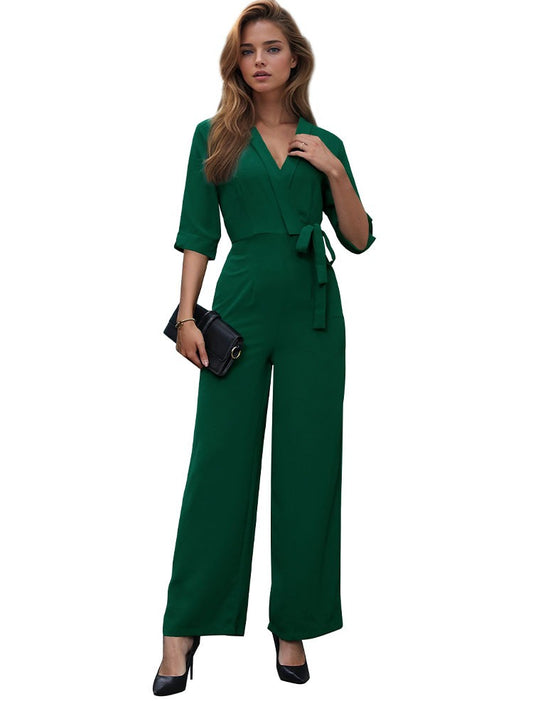 New European and American summer women's mid sleeved solid color long jumpsuit for women