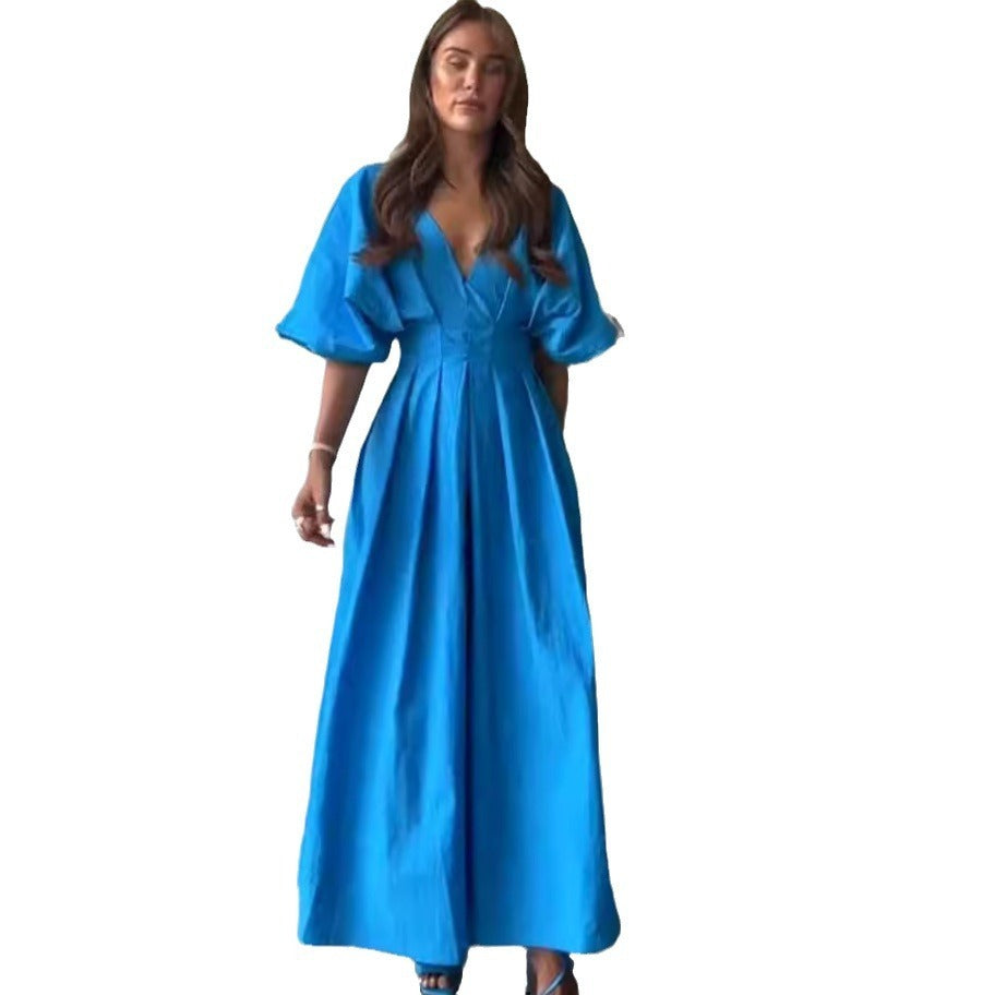 Women's fashionable solid color sexy deep V-neck waist slimming long skirt dress for women