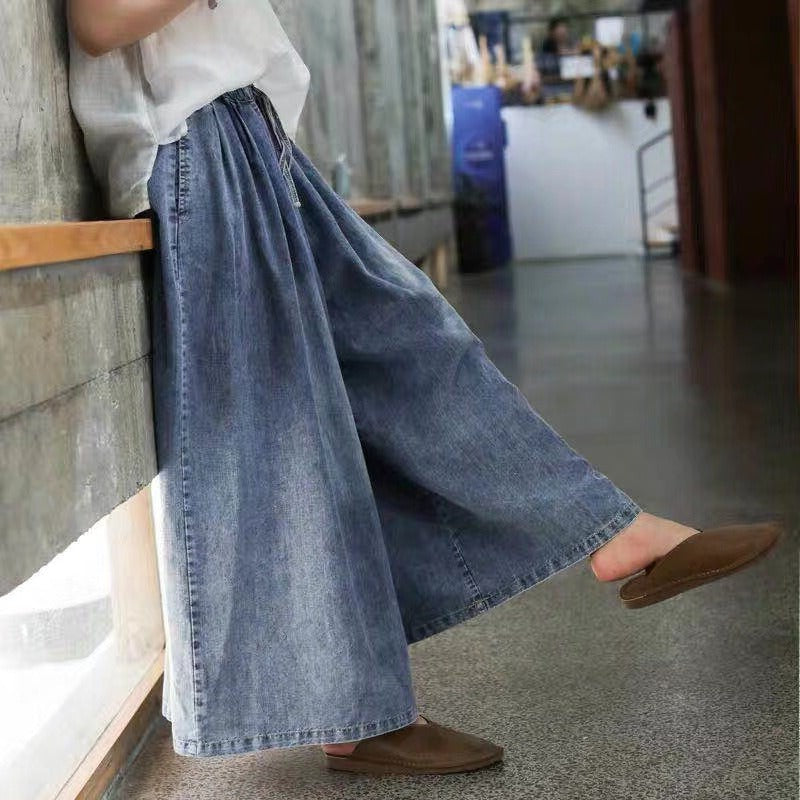 Washed jeans, wide leg pants, retro loose fit, oversized elastic waist tie up pants skirt