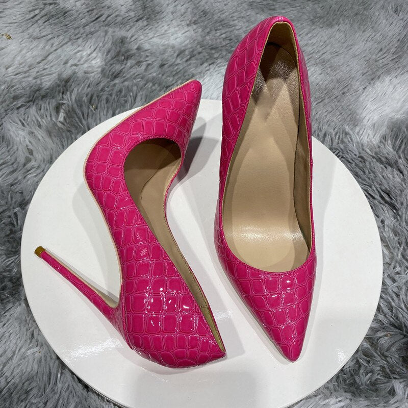 Tikicup Rose Pink Women Crocodile Effect Stiletto Pumps Pointed Toe Slip On 8/10/12cm High Heels Ladies Party Dress Shoes