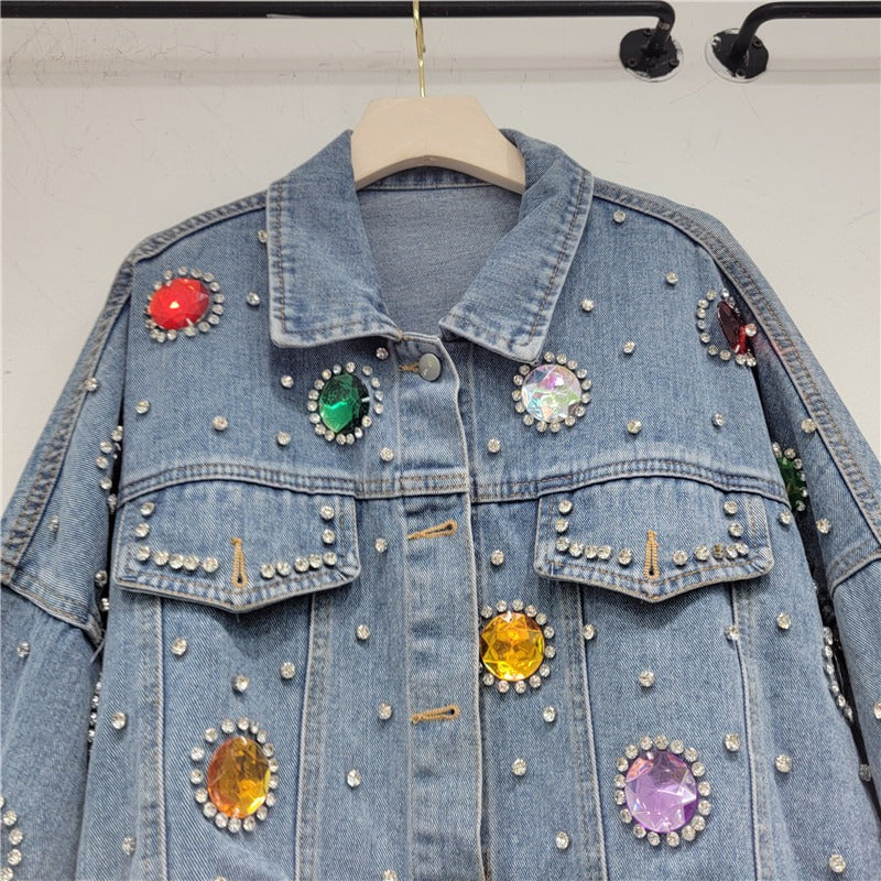 Colorful diamond denim jacket women's loose jacket cardigan short top