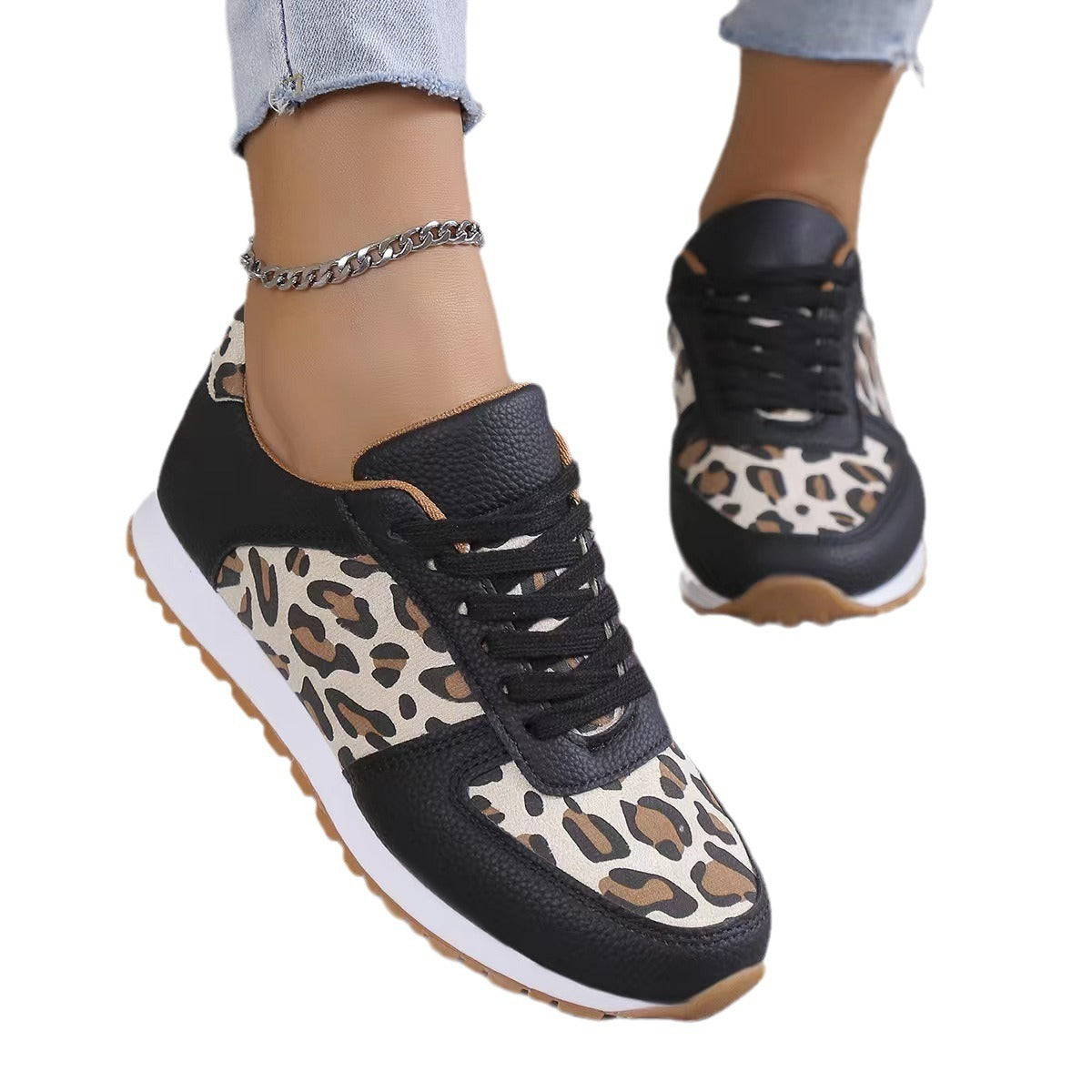 Thick-soled leopard print lace-up casual sports shoes for women low-top running shoes