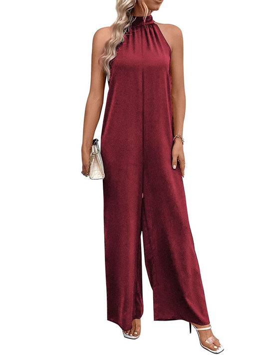 New European and American summer women's hanging neck solid color straight leg jumpsuit