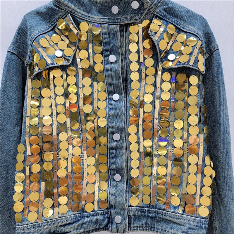 Spliced denim jacket for women's loose and slim standing collar jacket top