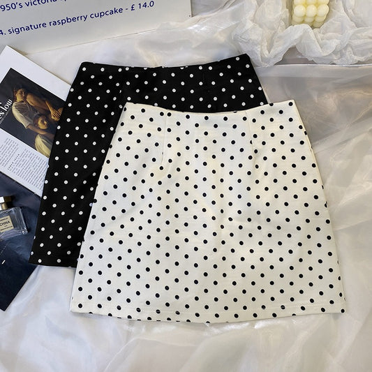 Polka dot half length skirt, feminine, small stature, high waist, A-line skirt