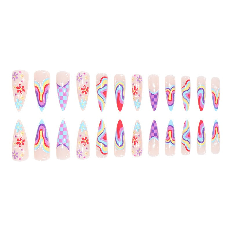 European and American wearable fake nails multi-color corrugated small flower checkerboard nails