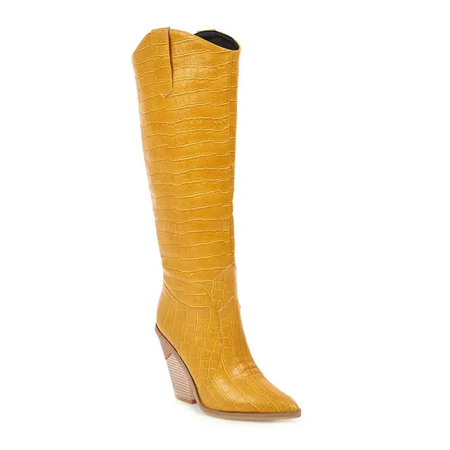 Fashion Knee High Boots Western Cowboy Boats for Women Long Winter Pointed Toe Cowgirl Wedges Motorcycle Booties Yellow Red