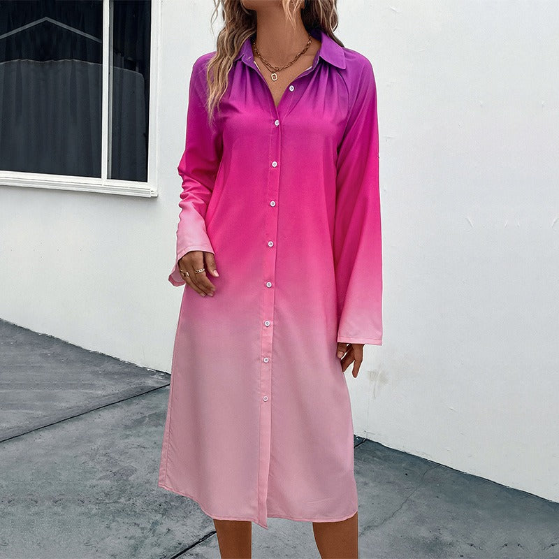 European and American Fashion Spring and Autumn Women's Dress Long Sleeve Gradient Shirt Skirt