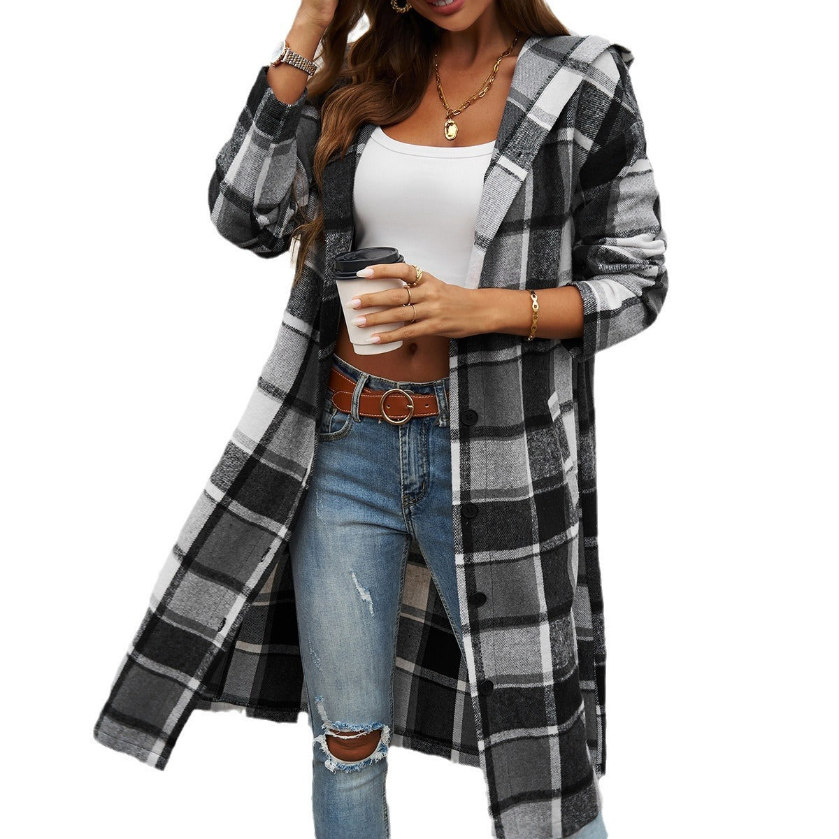 Autumn and winter women's casual loose contrasting color breasted hooded jacket