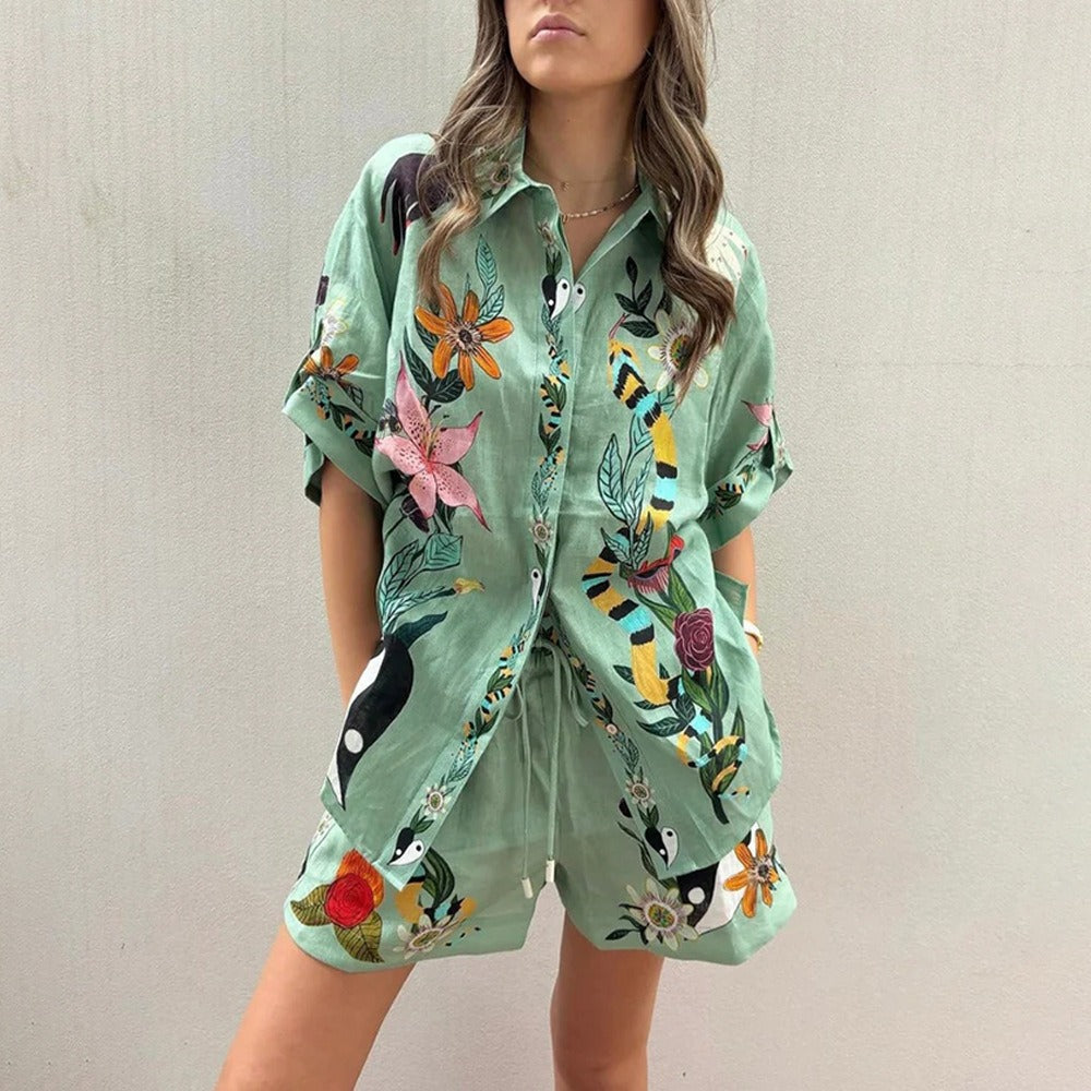 Women's hot fashion casual lapel shirt shorts loose print set two-piece set for summer women