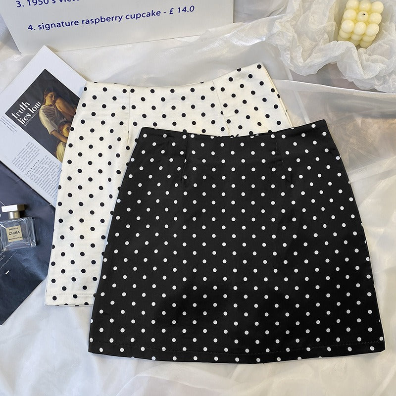 Polka dot half length skirt, feminine, small stature, high waist, A-line skirt