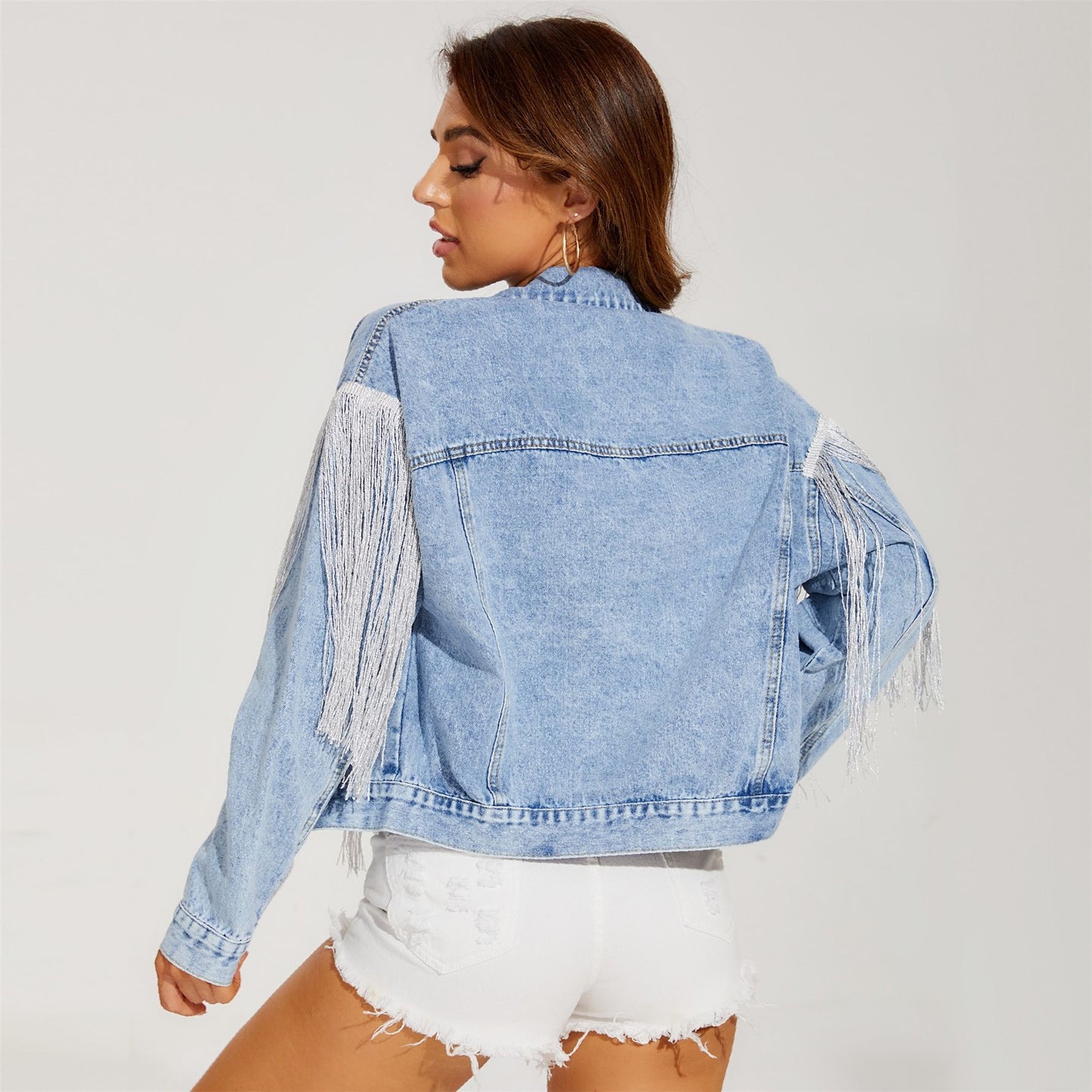 Cowboy jacket for women, fashionable tassel flip collar, stir fried flower denim jacket for women