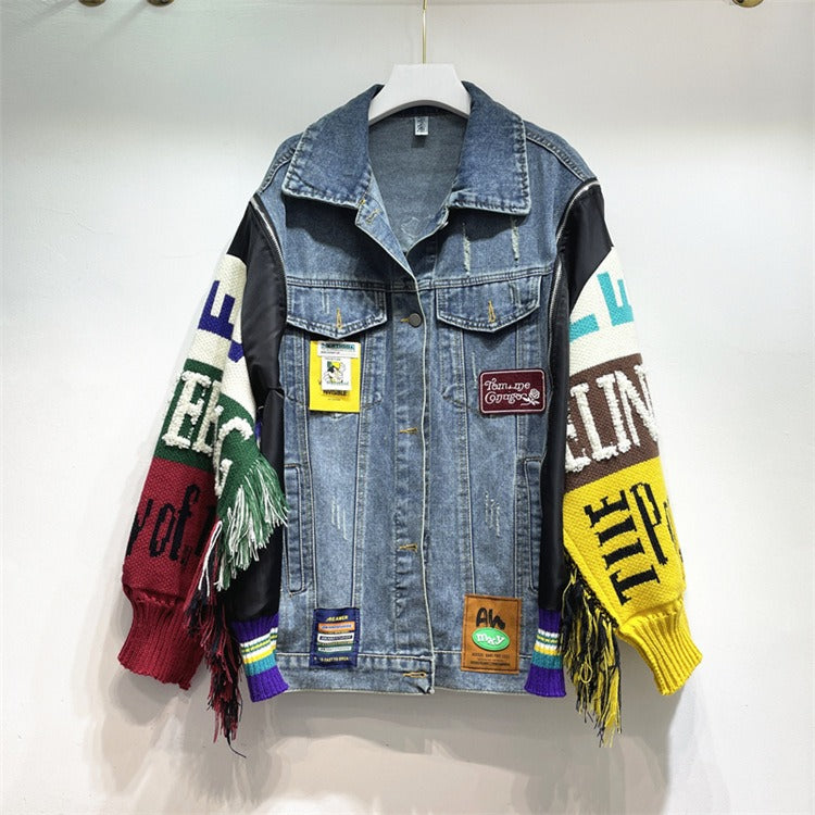 Loose fringed fashionable heavy embroidered patchwork denim jacket for women