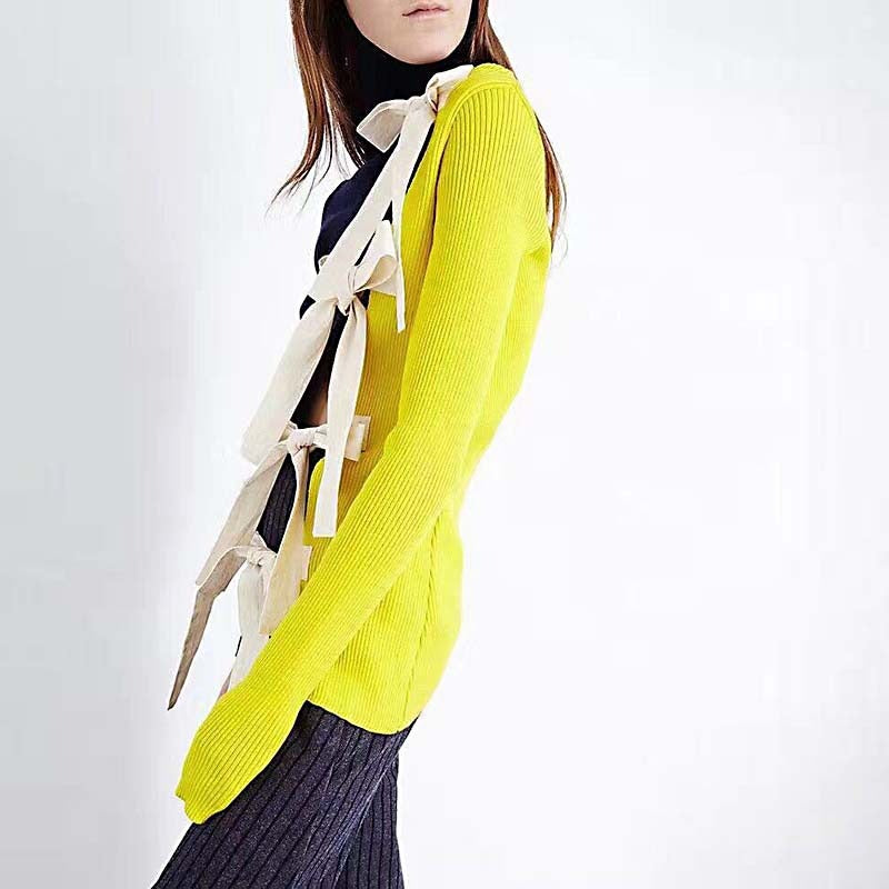 Irregular color blocking, lace up, hollowed out high neck knitted sweater, sweater