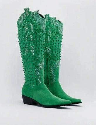 Faux Suede Studded Boots Pointed Toe Wedge Heels Knee High Boots Rhinestone Cowboy Boots Banquet Shoes